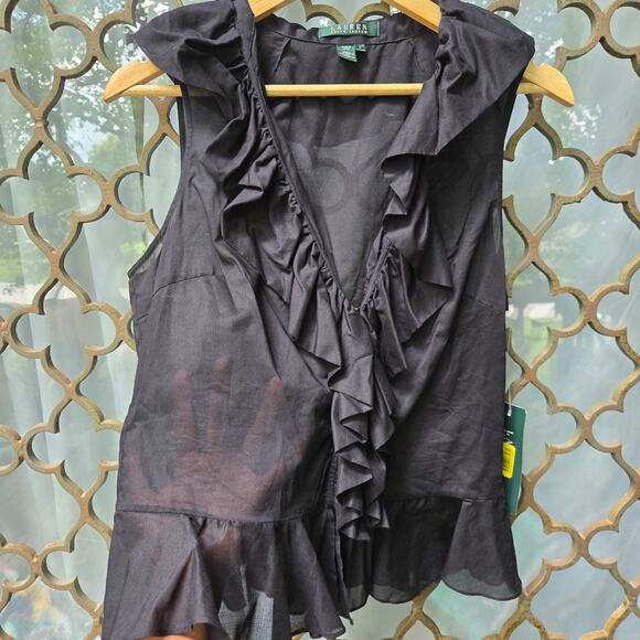 NWT Lauren Ralph Lauren Womens VTG Y2K Whimsigoth Sheer Black Ruffle Top 8 Boho - Picture 8 of 11